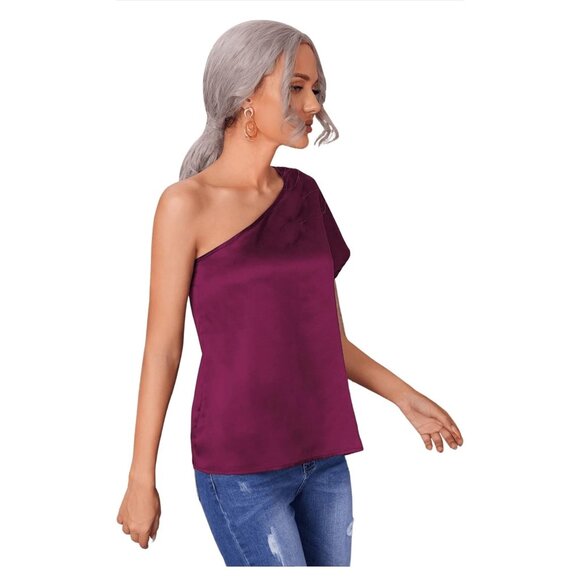 🌸3/$15🌸Maroon Satin Light Weight One Shoulder Blouse Medium - Picture 4 of 5